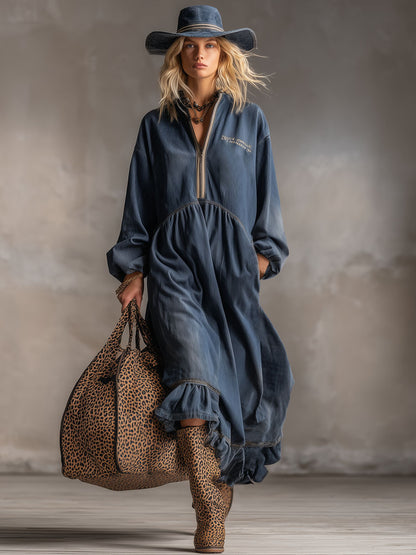 Retro Stand-up Collar Zipper Letter Embroidery Washed Denim Midi Dress