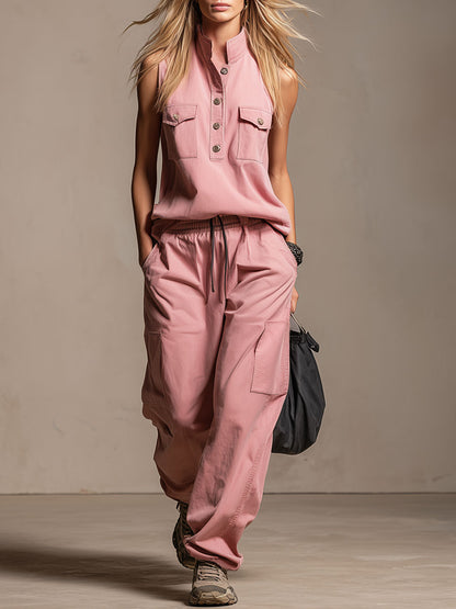 Stand-collar Half-open Neck Sleeveless Top And Trousers Set