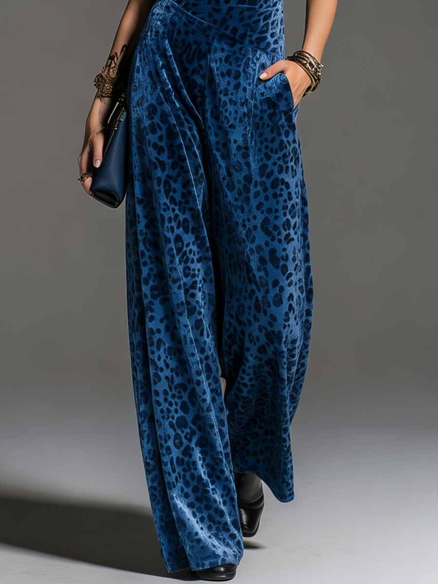 Stylish Retro One-shoulder Short-sleeved Leopard Print Velvet Jumpsuit