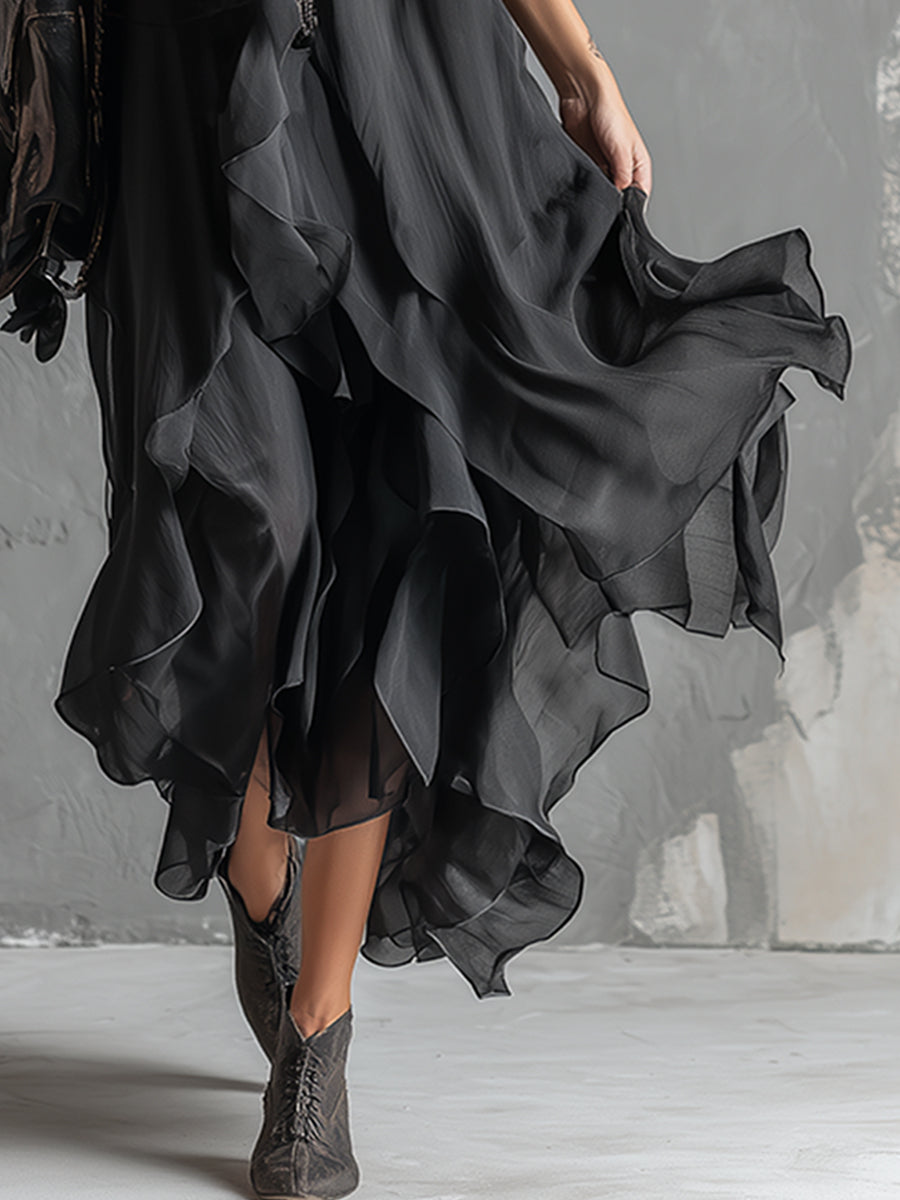 Urban Silhouette Black Chiffon Double-layered Skirt Sleeveless Maxi Dress