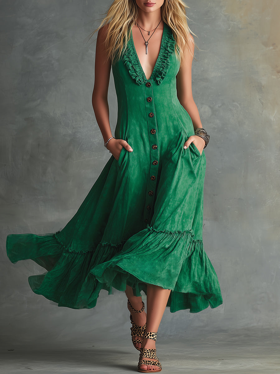 Retro Western Green Faux Suede V-Neck Ruffled Button Midi Dress