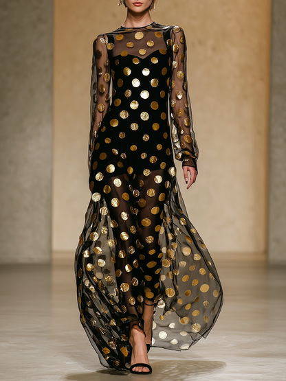 High-end Chic Gold Polka Dot Black Chiffon Maxi Dress