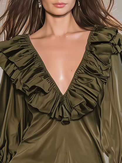Casual And Stylish Ruffle Trim Olive Green V-neck Satin Shirt