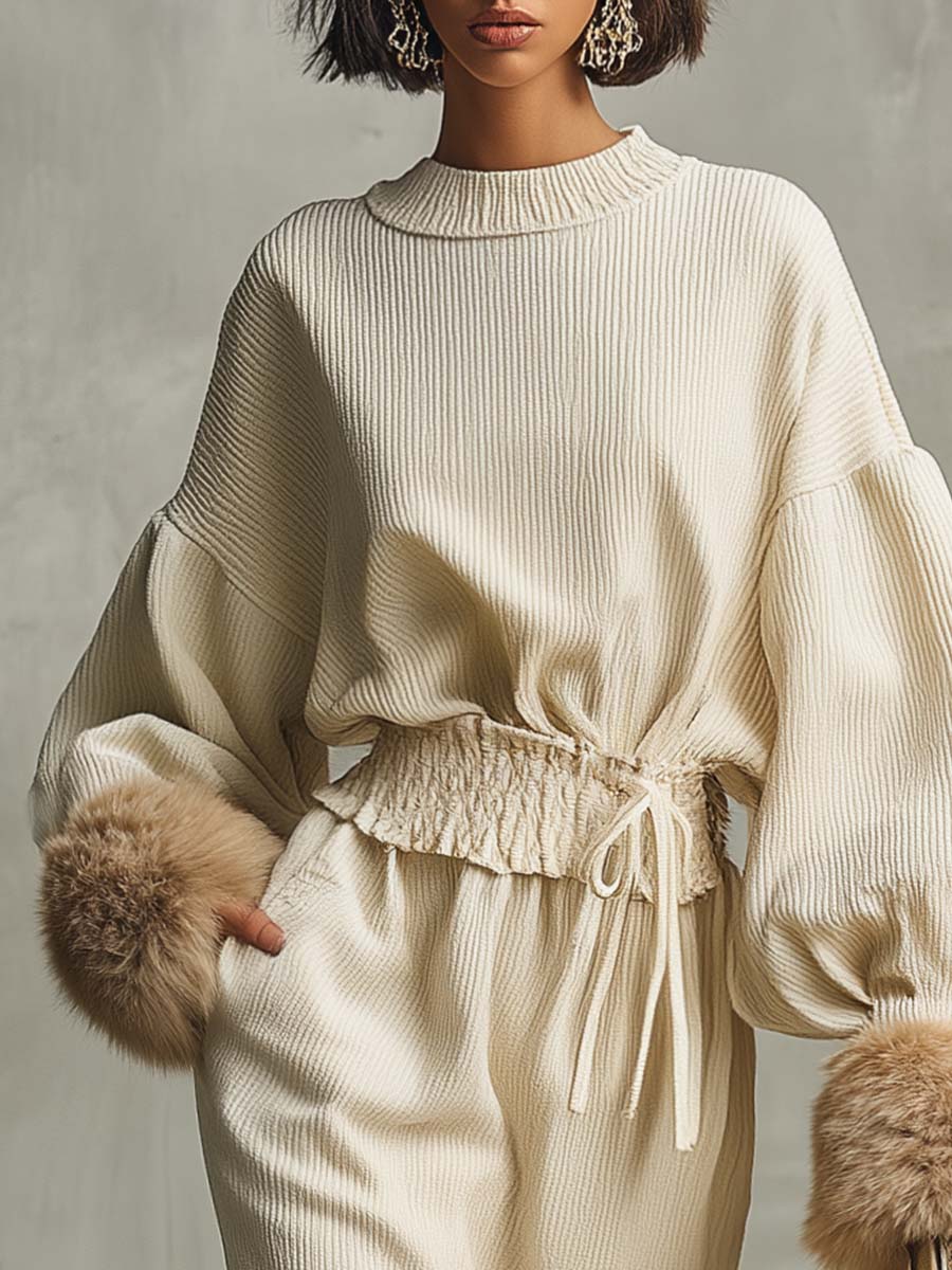 Elegant Exquisite Round Neck Ruffled Waist Detachable Faux Fur Cuffs Cream Corduroy Midi Dress