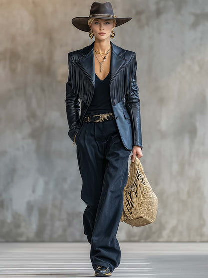 Vintage Fashion Handsome Notch Lapel Shoulder Tassel Decoration Black Leather X-shaped Blazer