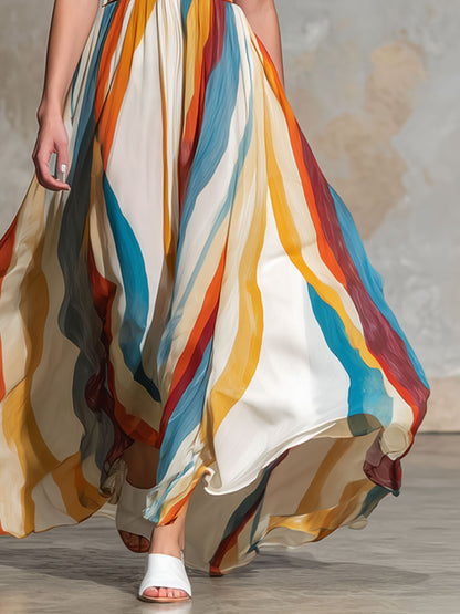Vacation Retro Rainbow Striped Chiffon Sleeveless Maxi Dress