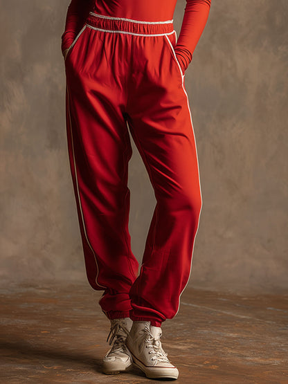 Casual Sports Red Lycra Long-sleeved Top And Jogger Pants Set