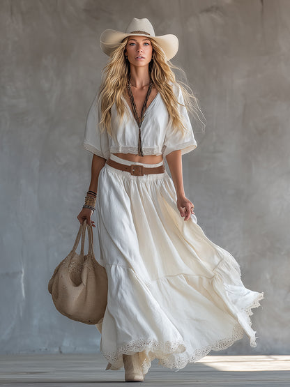 Elegant Boho Style Lace-trimmed White Cotton And Linen T-shirt And Skirt Set