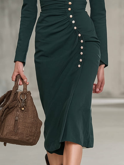 Vintage Green Pleated V-neck Button-down Midi Dress