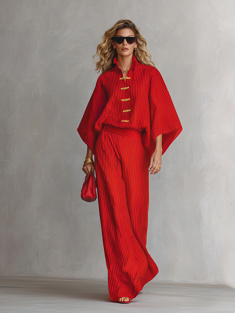 Stylish And Sophisticated Wide-sleeved Shirt With Frog Closures And Wide-leg Pants Set