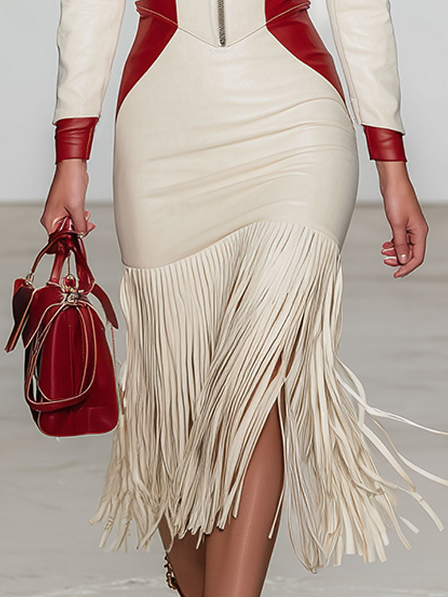Stylish Retro Fringed Red And White Faux Leather Midi Dress