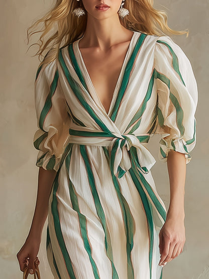 Stylish And Elegant Color-blocked Striped Chiffon Midi Dress