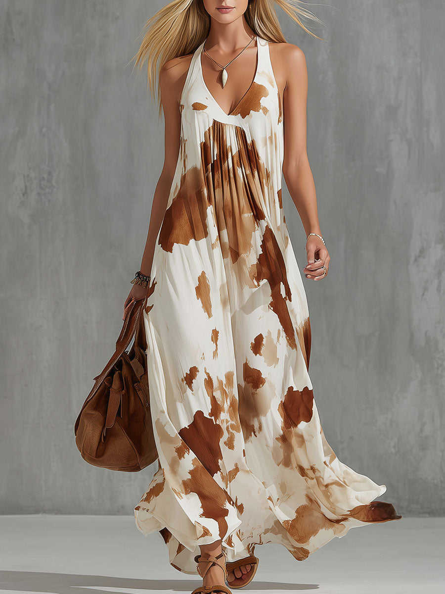 Vintage Brown Cow Print White Chiffon Sleeveless Maxi Dress