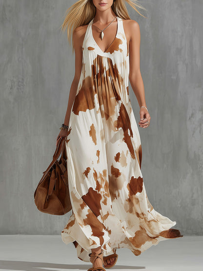 Vintage Brown Cow Print White Chiffon Sleeveless Maxi Dress