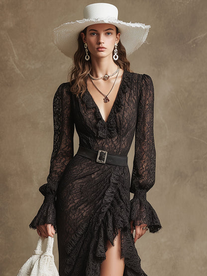 Elegant Retro Long-sleeved V-neck Slit Ruffled Black Lace Maxi Dress