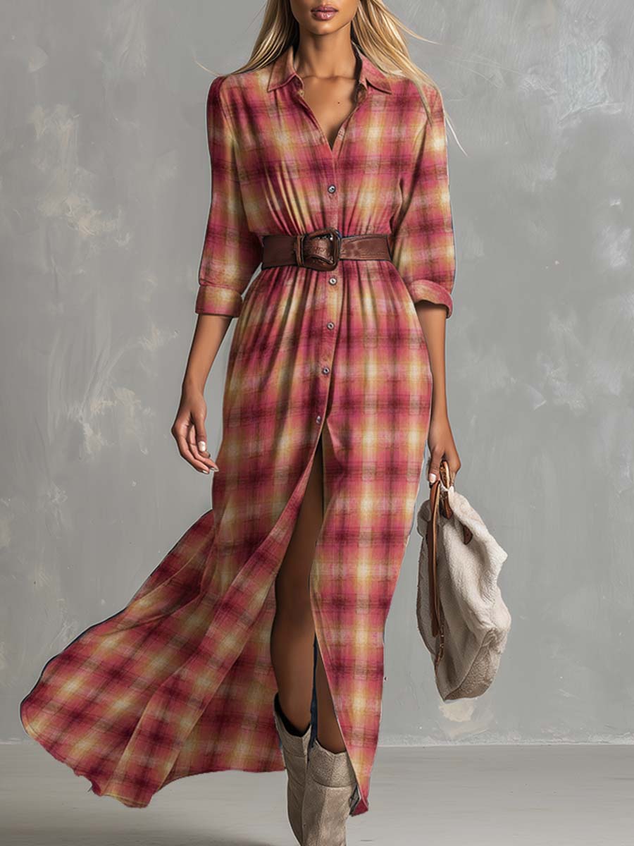 Vintage Western Comfort Front Button Pink Woven Plaid Shirt Dress
