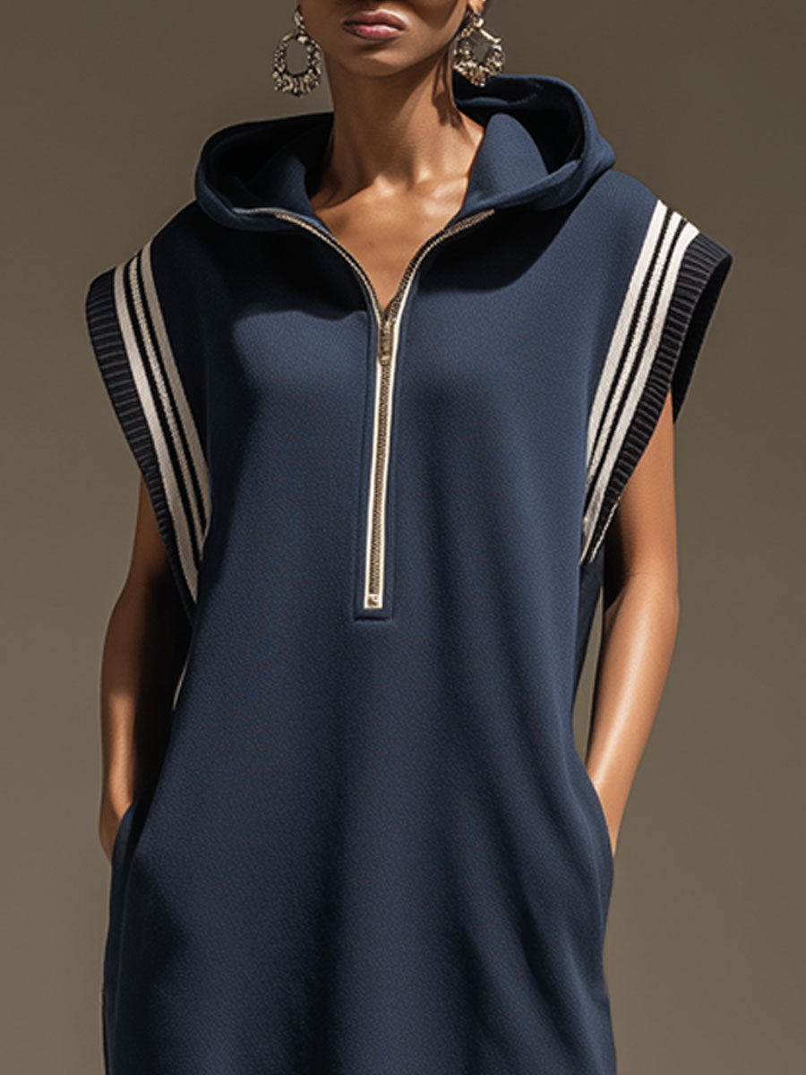 Sporty Retro Hooded Striped Ruffled Navy Blue Cotton Sleeveless Midi Dress