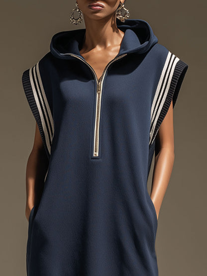 Sporty Retro Hooded Striped Ruffled Navy Blue Cotton Sleeveless Midi Dress