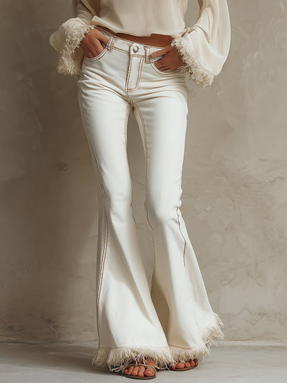 White Frayed-hem Flared Jeans