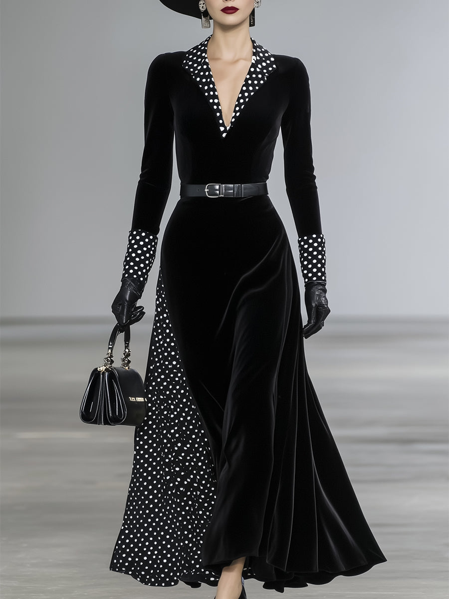 Elegant Black Velvet Patchwork Polka Dot Maxi Dress