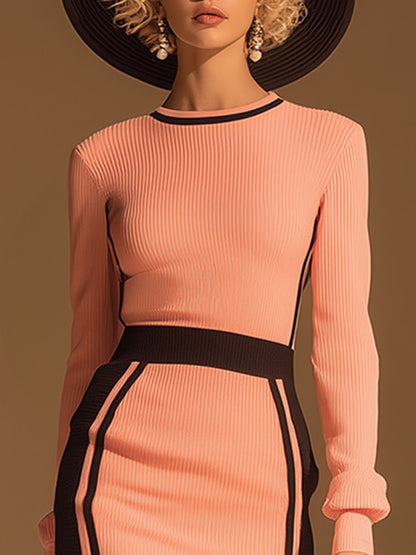 Stylish And Casual Round-neck Black And Pink Knitted Midi Dress