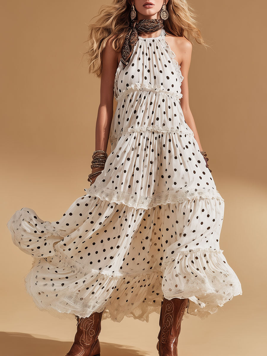 Fashionable Vacation Lace Polka Dot White Chiffon Sleeveless Maxi Dress