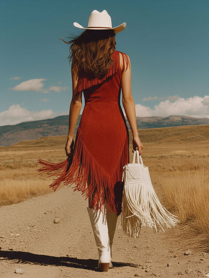 Western Retro Red Faux Suede Tassel Off-Shoulder Midi Dress