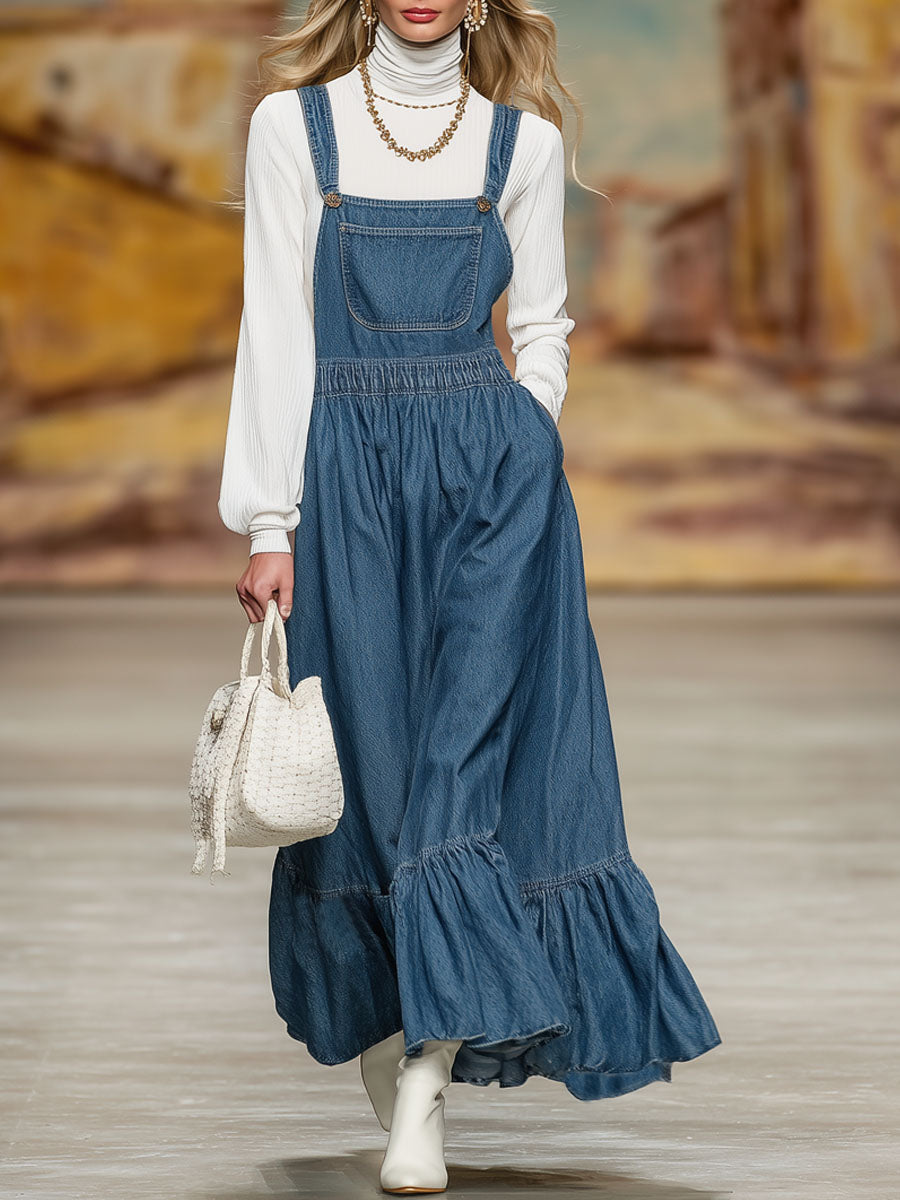 Retro Loose-fitting Pocket Ruffle Suspender Maxi dress
