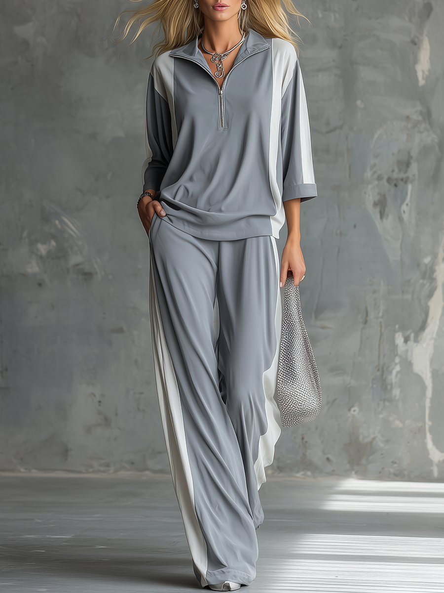 Stylish Casual Zipper Lapel Short Sleeve T-shirt And Wide-leg Pants Set