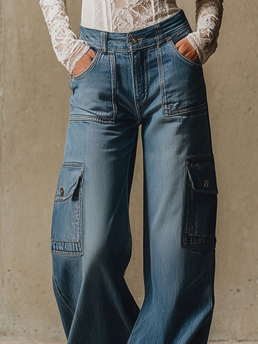 Retro Multi-pocket Workwear Denim Pants