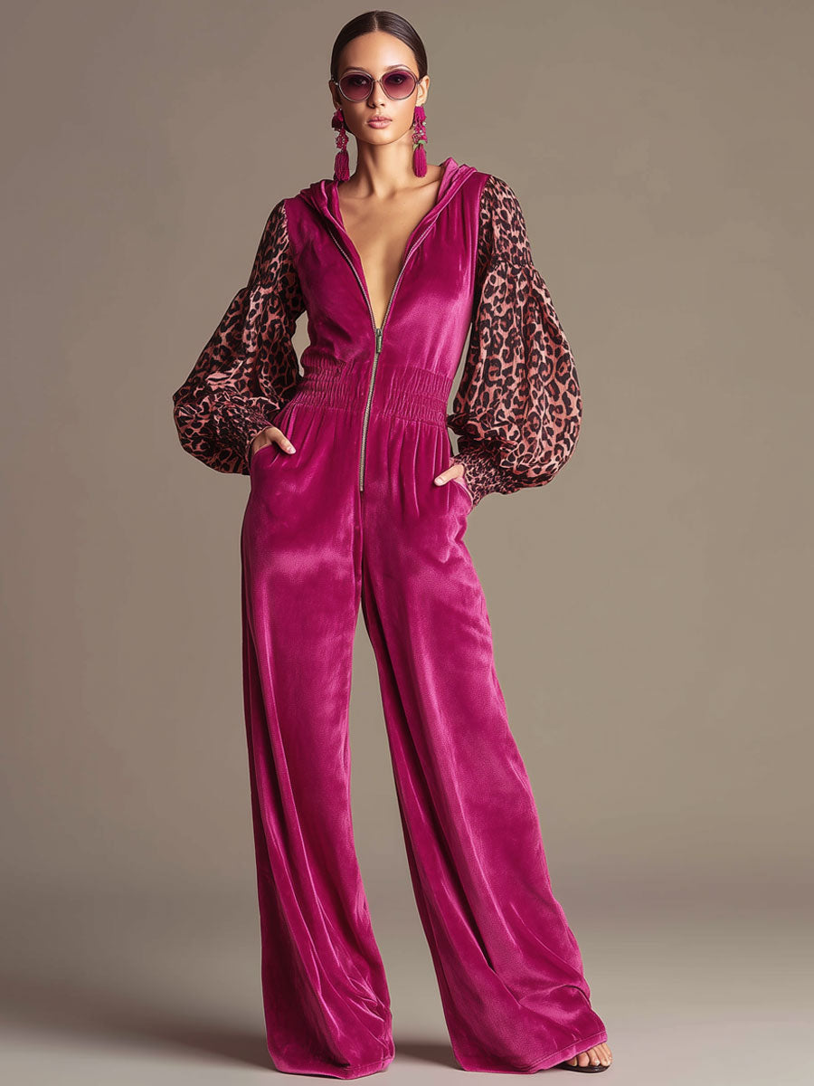 Casual Retro Long-Sleeved Chiffon Leopard Print Rose Red Velvet Wide-Leg Hooded Jumpsuit