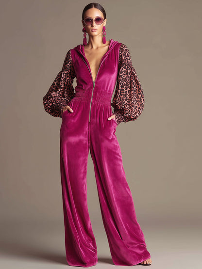 Casual Retro Long-Sleeved Chiffon Leopard Print Rose Red Velvet Wide-Leg Hooded Jumpsuit