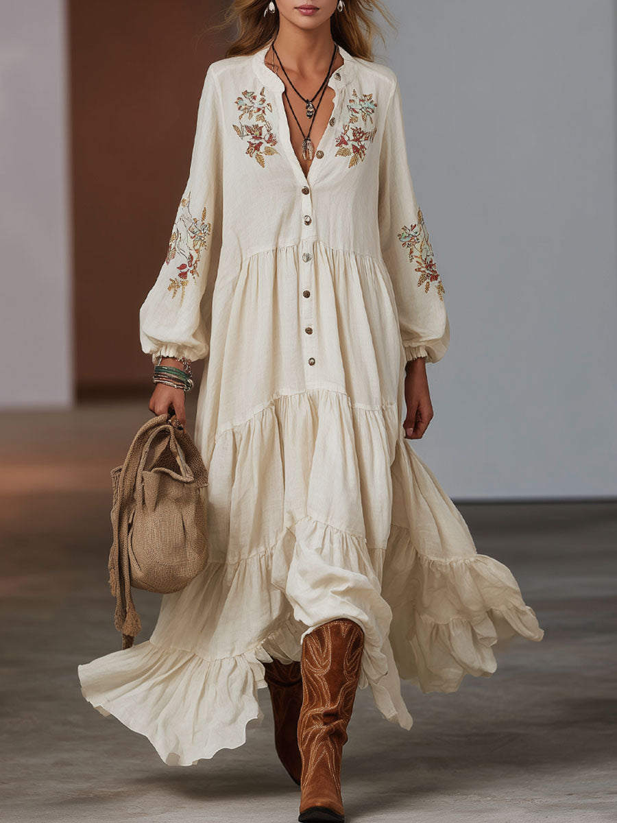 Bohemian Style Loose Floral Embroidered Cotton And Linen Maxi Dress