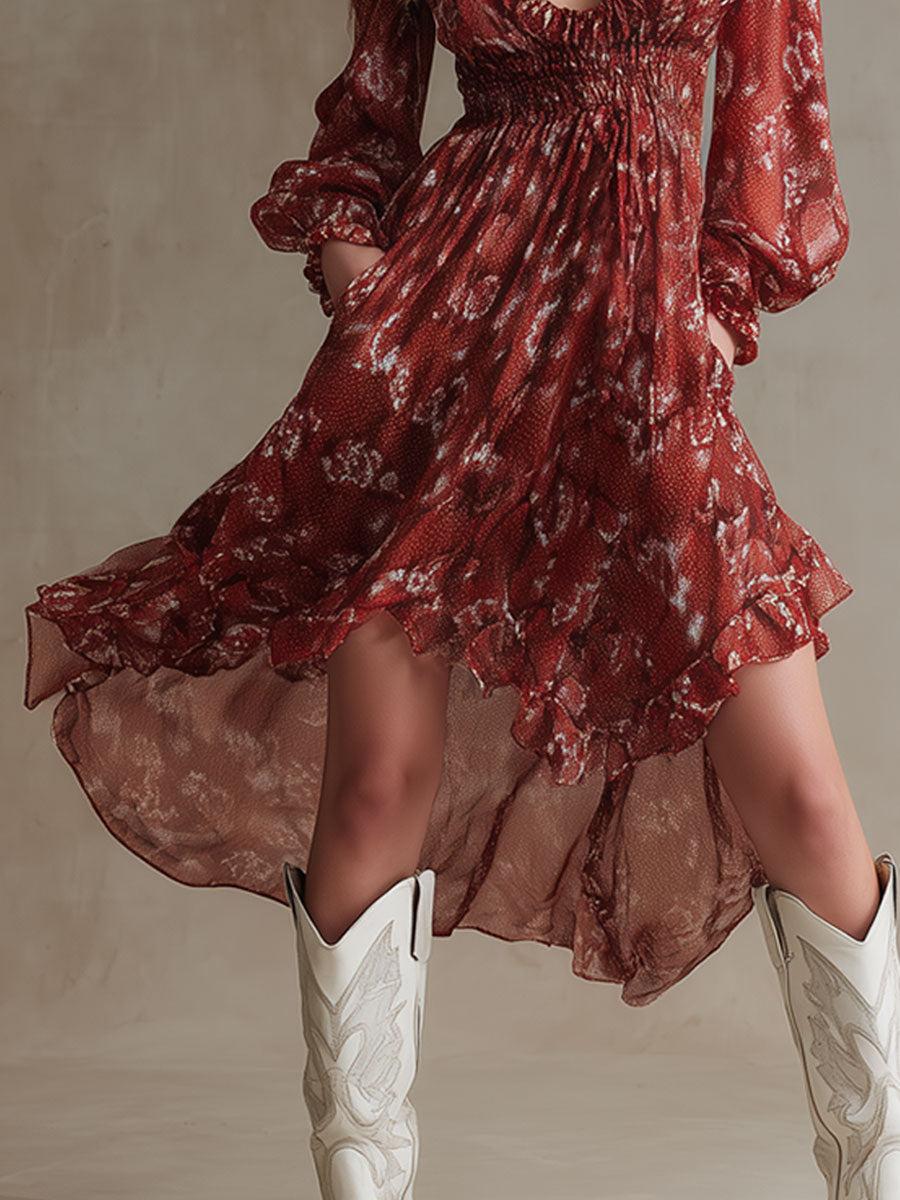 Retro-style Vacation Red Snakeskin Chiffon Long-sleeved Ruffle Midi Dress