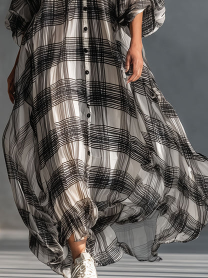 V-neck Button-down Plaid Print Chiffon Short-sleeved Maxi Dress