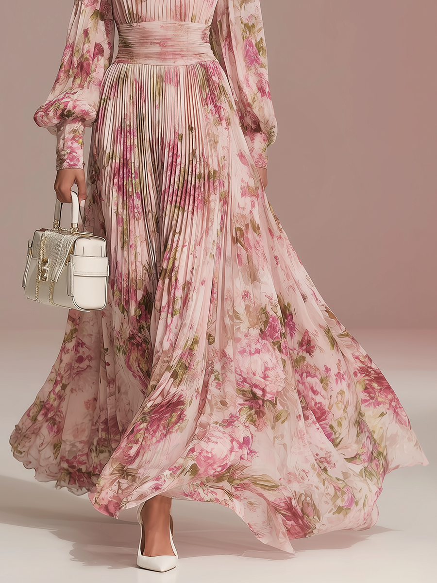 Elegant Floral Print Pleated Chiffon Maxi Dress