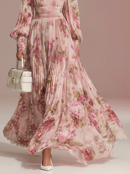 Elegant Floral Print Pleated Chiffon Maxi Dress