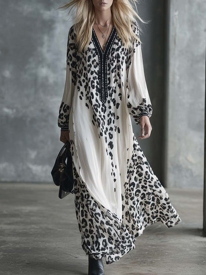 Retro Fashion Flowing V-neck Black Leopard Print White Chiffon Maxi Dress