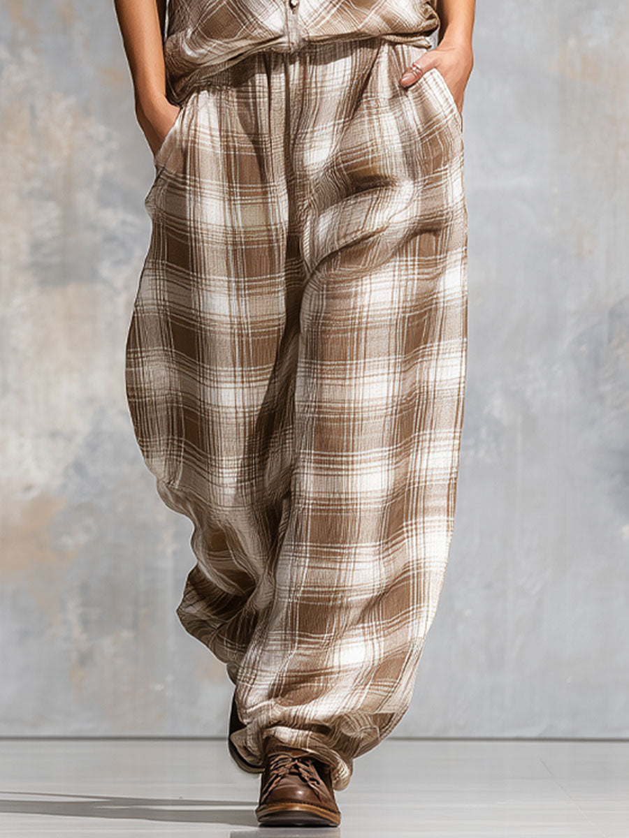 Checked Print Lapel Sleeveless Shirt And Trousers Chiffon Set