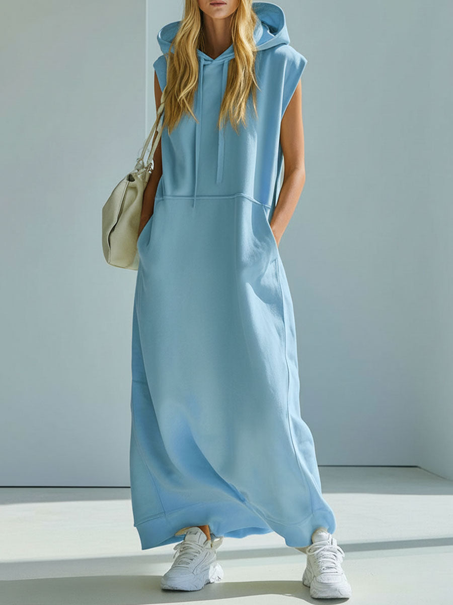 Loose-fitting Blue Hooded Double-pocket Sleeveless Maxi Dress