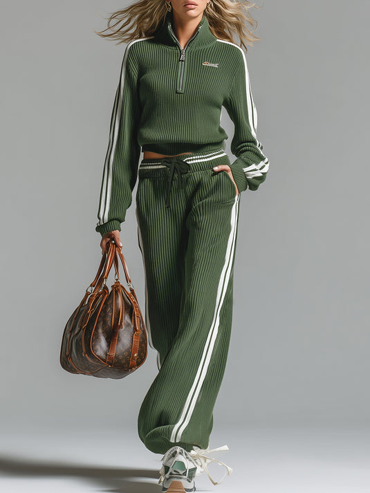 Green Solid Corded Knit Short Sleeve Top and Wide Leg Pants Set