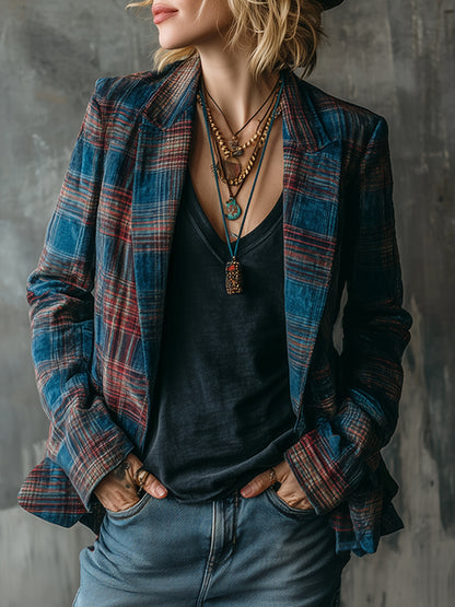 Retro Navy Blue And Red Plaid Velvet Loose Blazer