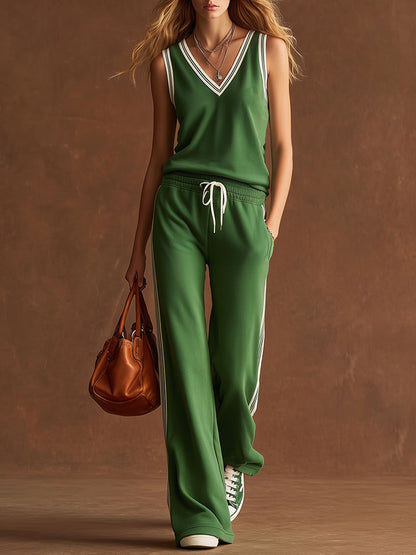 Stylish Sporty Black And White Trim Green Sleeveless V-neck Top And Pants Set