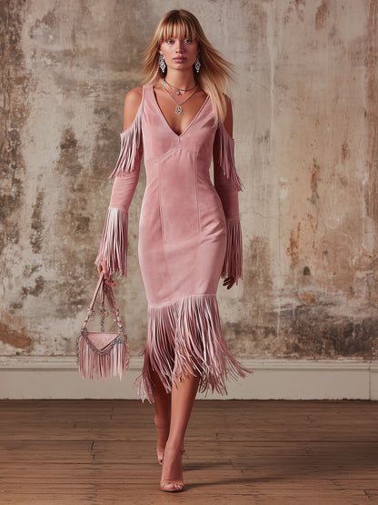 V-neck Off-the-shoulder Fringed Faux Suede Long-sleeved Midi Dress