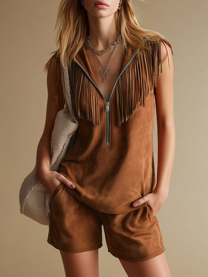 Western-style Vintage Stand-collar Zippered Sleeveless Faux Suede Top And Shorts Set