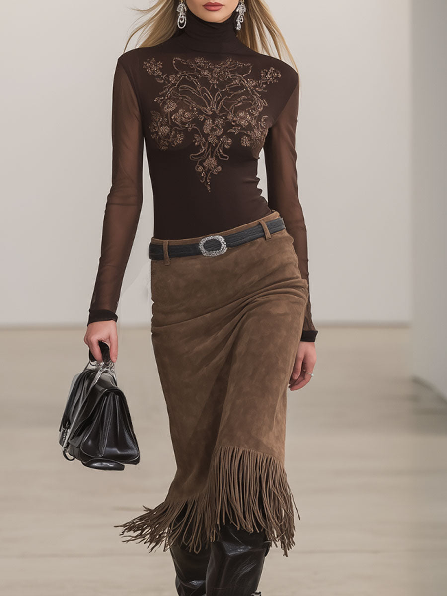 High-neck Embroidered Long-sleeved T-shirt And Faux Suede Tassel Skirt Set