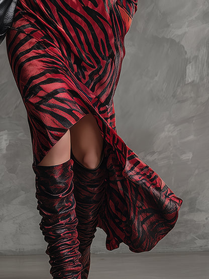Elegant And Classic Red Zebra-print Lapel Velvet Maxi Dress