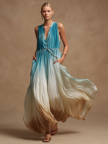 Vacation Retro Blue-Brown Gradient Pleated Chiffon Sleeveless Maxi Dress