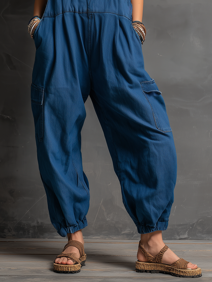 Retro Casual Lazy Chic Multiple Pockets Tapered Leg Opening Denim Overalls