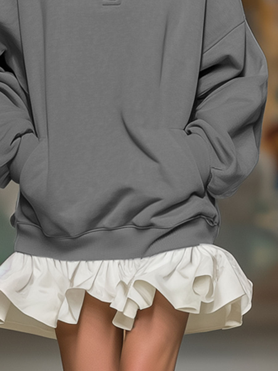 Loose-fitting Stand-collar Pocketed Ruffled Long-sleeved Mini Dress